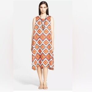 Eskandar Mughal Tile Linen Midi Dress Sleeveless Size 1 (US S) Geometric Print